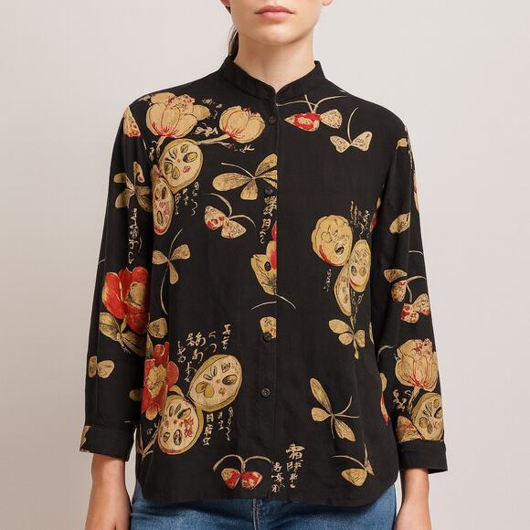 CITRON Santa Monica 100% Silk Asian Floral Lotus Print Blouse Top XL Black - Picture 1 of 10